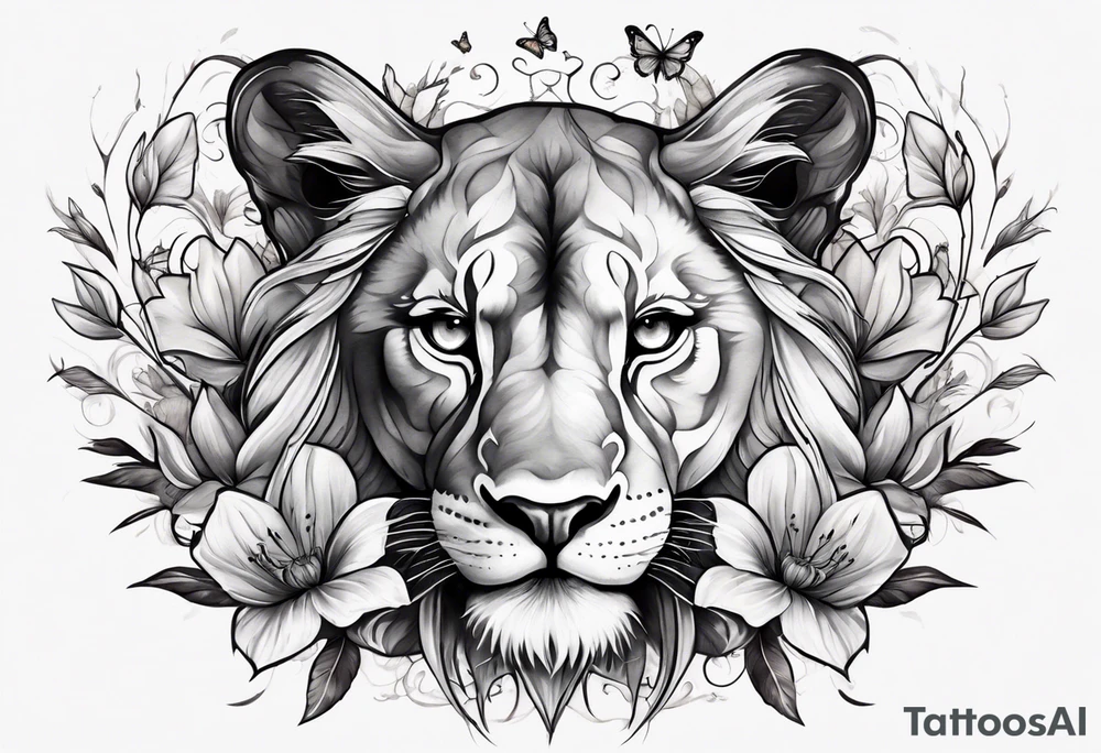 Lioness covered in feathers lilies and butterflies tattoo idea