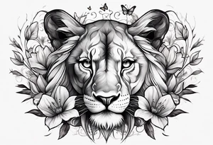 Lioness covered in feathers lilies and butterflies tattoo idea