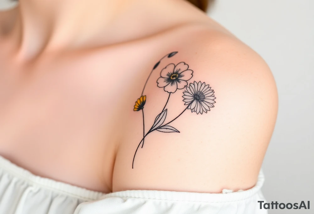 wrist tattoo with marigold, lily of the valley, and chrysanthemum tattoo idea