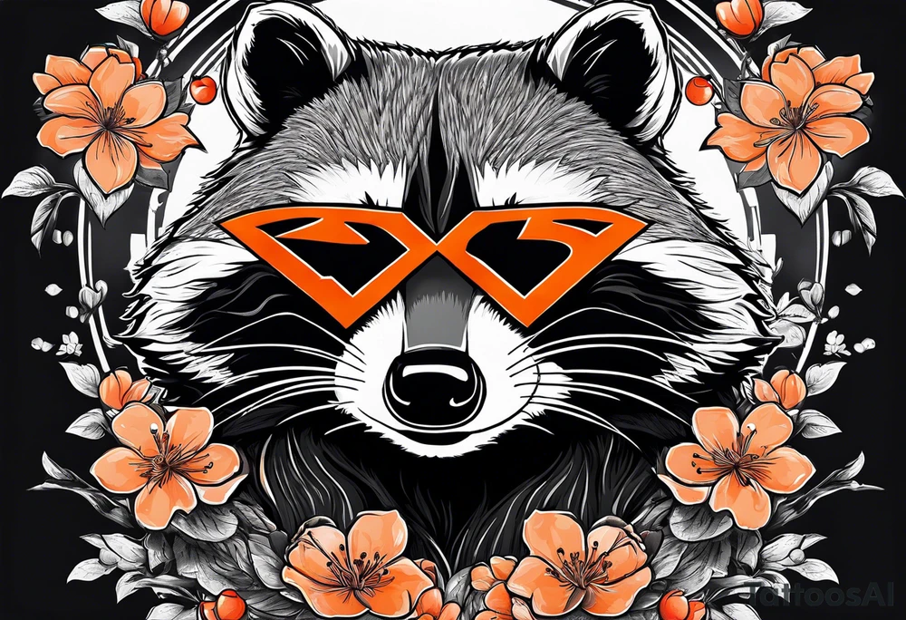 Raccoon wearing a white Superman logo on a black hoodie and orange Japanese cherry blossoms beside tattoo idea