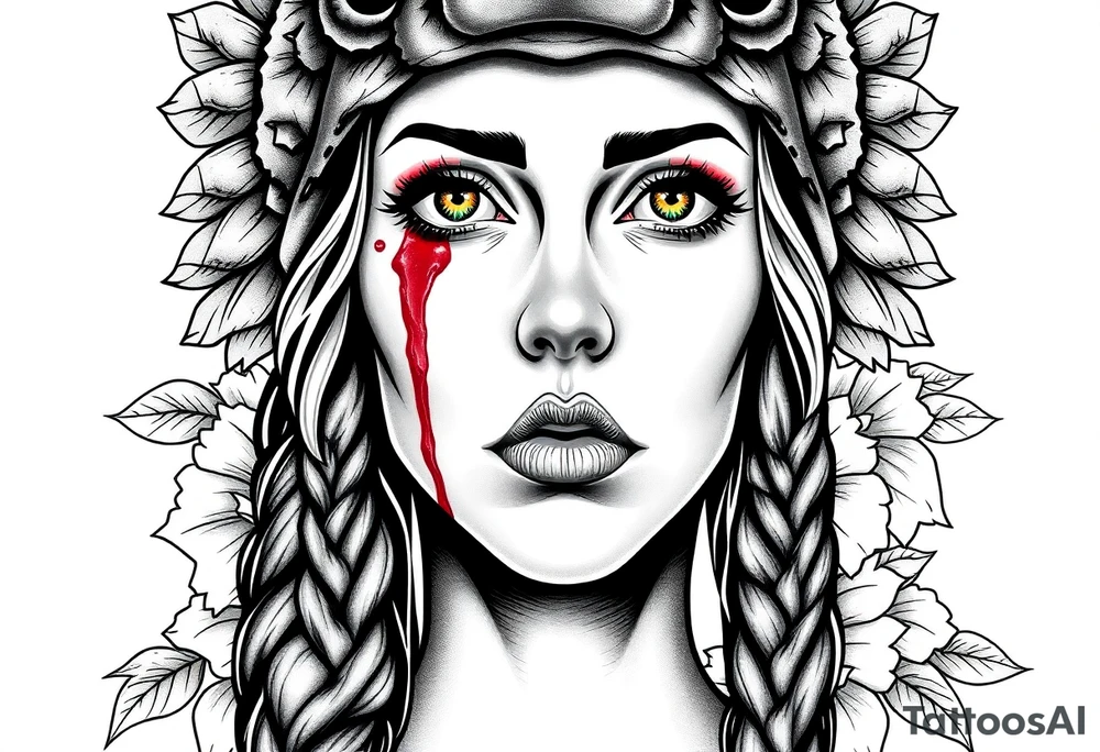 Young Symmetrical Beautiful Woman, looking forward, with colored eyes, shedding a tear, with battle scars and blood on face, with soft look, wearing a mean looking bear headdress on head, with flower background tattoo idea