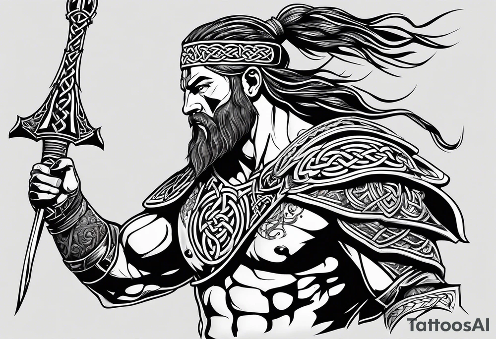 Side profile full body of Celtic warrior with weapons unsheathed tattoo idea