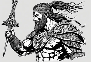 Side profile full body of Celtic warrior with weapons unsheathed tattoo idea