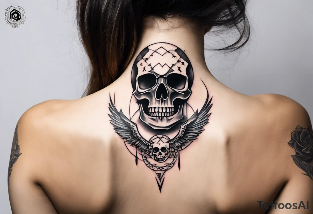 Design a tattoo concept for the neck area that symbolizes the liberation of a skull from the constraints of human censorship. The design should incorporate elements that represent freedom, rebellion, and the breaking free from societal norms. Please provide a detailed description of the tattoo design, including the style, colors, and any symbolic elements that convey the message of liberation. tattoo idea