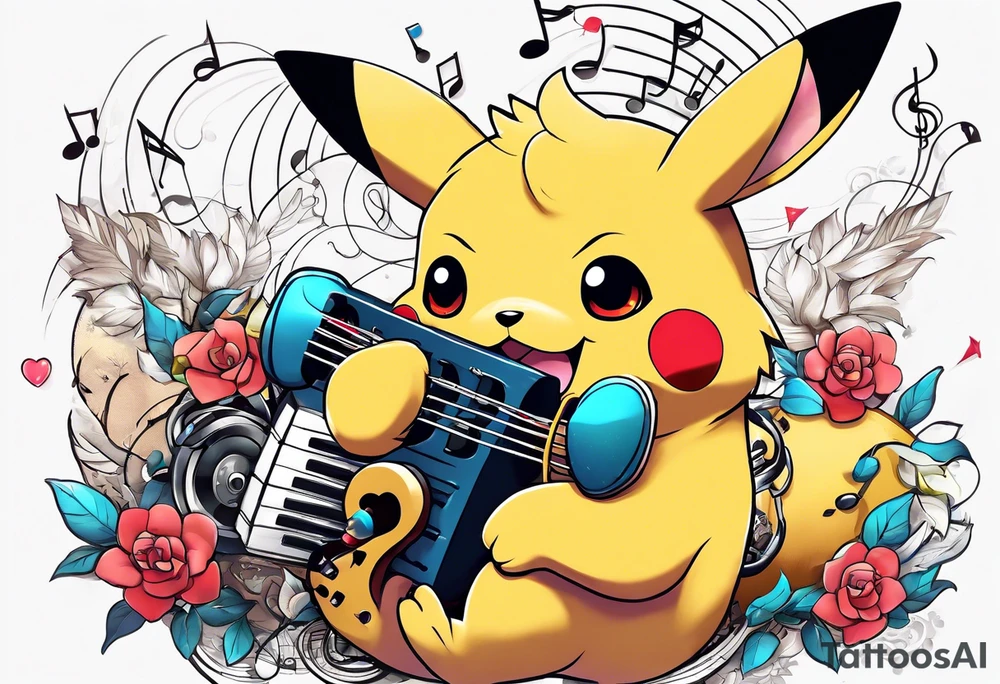 pickachu sitting on a lion listening to music with music notes and thinder bolts tattoo idea