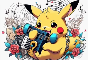 pickachu sitting on a lion listening to music with music notes and thinder bolts tattoo idea