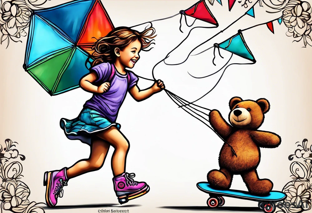 a little girl running with a kite and a teddy bear on roller skates following her with the words "Go Fly A Kite" tattoo idea
