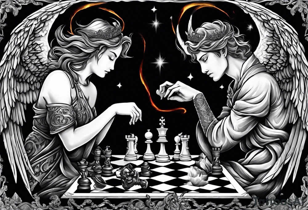 Depict an angel and demon playing chess on a board that morphs from celestial clouds to fiery inferno, representing the merging of the spiritual realms in the eternal game tattoo idea