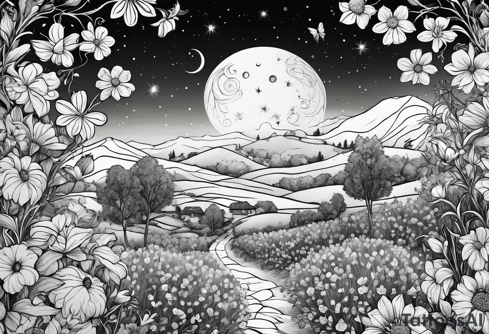Spider in a garden of flowers with the sun and the moon tattoo idea