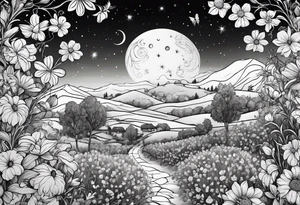 Spider in a garden of flowers with the sun and the moon tattoo idea