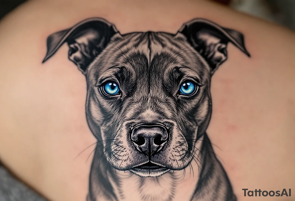 Black Ink Realism with Eye Color Pop – A fully black-and-gray realistic Staffordshire Bull Terrier with just the eyes in vivid blue or hazel, drawing focus. tattoo idea
