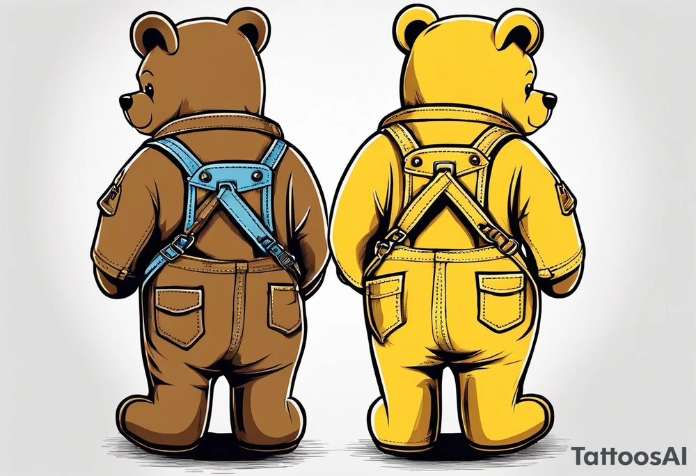the back of a standing skinny, brown ,
teddy bear in yellow , long overalls tattoo idea