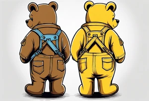the back of a standing skinny, brown ,
teddy bear in yellow , long overalls tattoo idea