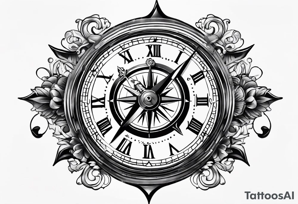 combination of a floating nautical compass and a old school clock face tattoo idea