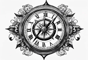 combination of a floating nautical compass and a old school clock face tattoo idea