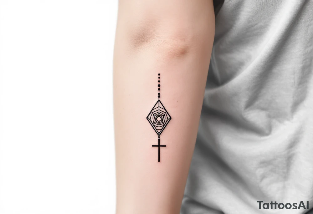 Minimalist geometric rosary tattoo: precise black‑ink circles (beads) decreasing subtly in size, linked by perfectly straight, fine lines to form clean angles rather than curves; the strand drapes in a crisp isosceles‑triangle silhouette across the forearm. Where the pendant would hang, a small concentric‑line cross sits inside a outlined golden‑ratio spiral, all rendered in thin charcoal‑black lines with a single muted‑copper accent on the cross for contrast—overall a sleek, math‑inspired aesthetic with no shading, just pure linework. tattoo idea