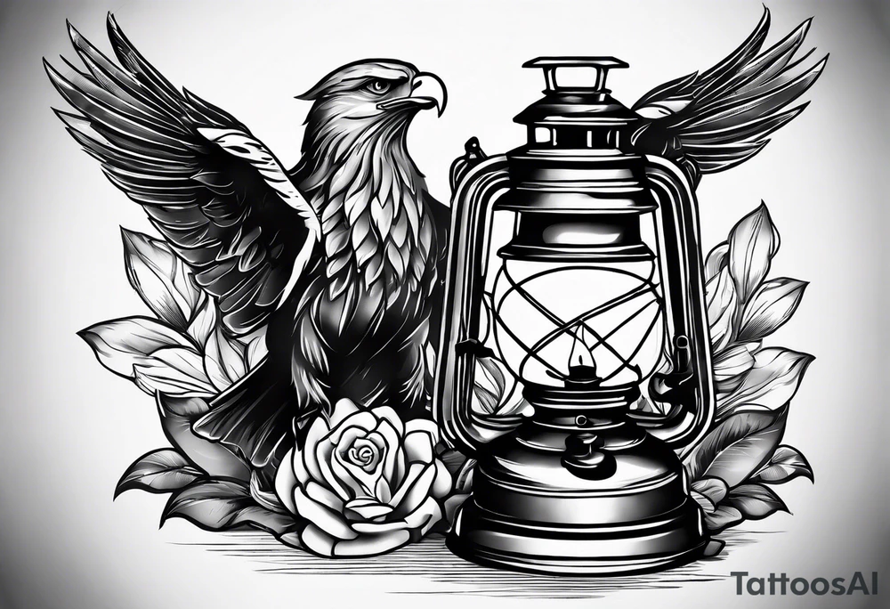 Oil lamp with an eagle next to it tattoo idea