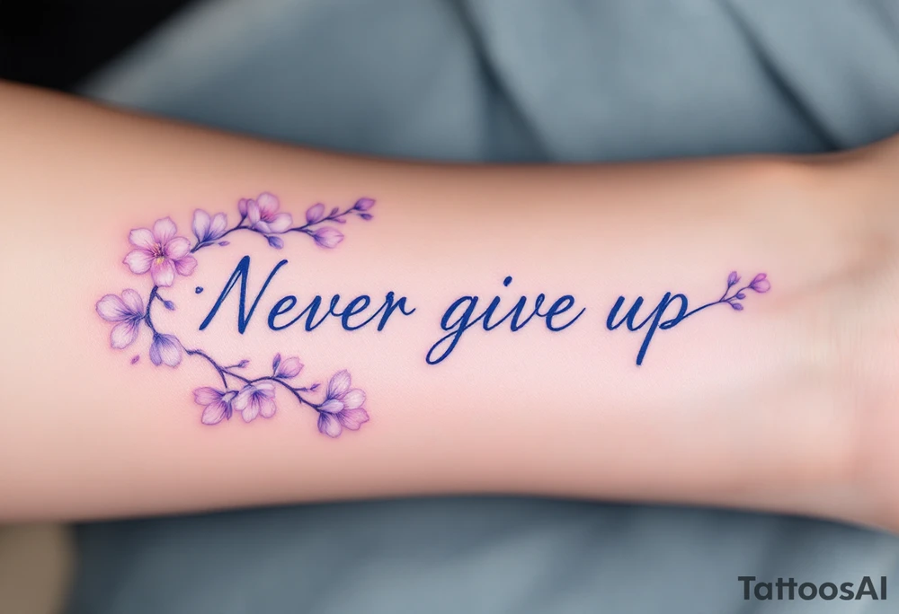 "Never give up" in delicate cursive inked in soft lavender, surrounded by blooming cherry blossoms. tattoo idea