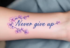 "Never give up" in delicate cursive inked in soft lavender, surrounded by blooming cherry blossoms. tattoo idea