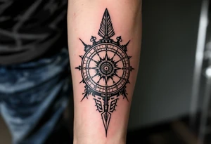 steampunk half compass half clock with a long native American arrow pointing at my wrist with the words “True North” and says "Isaiah 40:31" tattoo idea