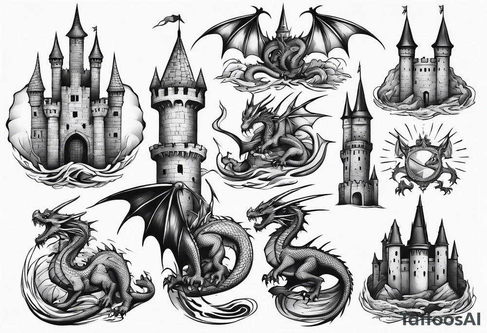 dragons protecting a castle tattoo idea