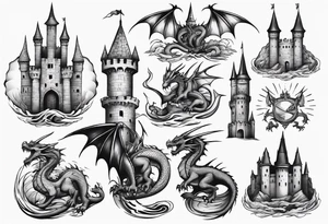 dragons protecting a castle tattoo idea