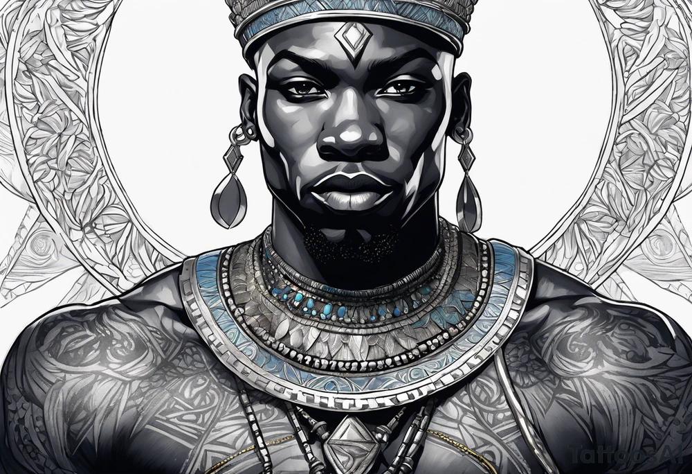 Black-skinned bald african warrior orisha with a simple silver crown. He uses blue necklaces and has a sword tattoo idea