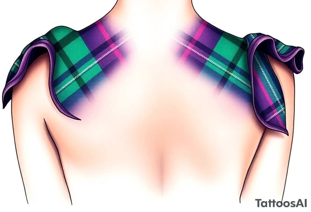 Breasts

Dark Purple with green pink blue and white highlights tartan fabric with skin around edges peeling and wrapping around side of shoulder tattoo idea