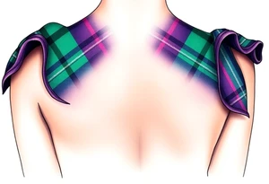 Breasts

Dark Purple with green pink blue and white highlights tartan fabric with skin around edges peeling and wrapping around side of shoulder tattoo idea