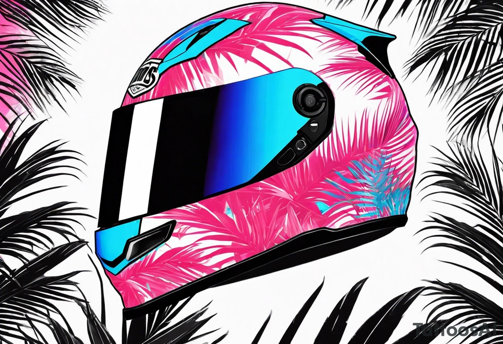 formula 1 helment with a palm tree and black light blue and pink colors tattoo idea