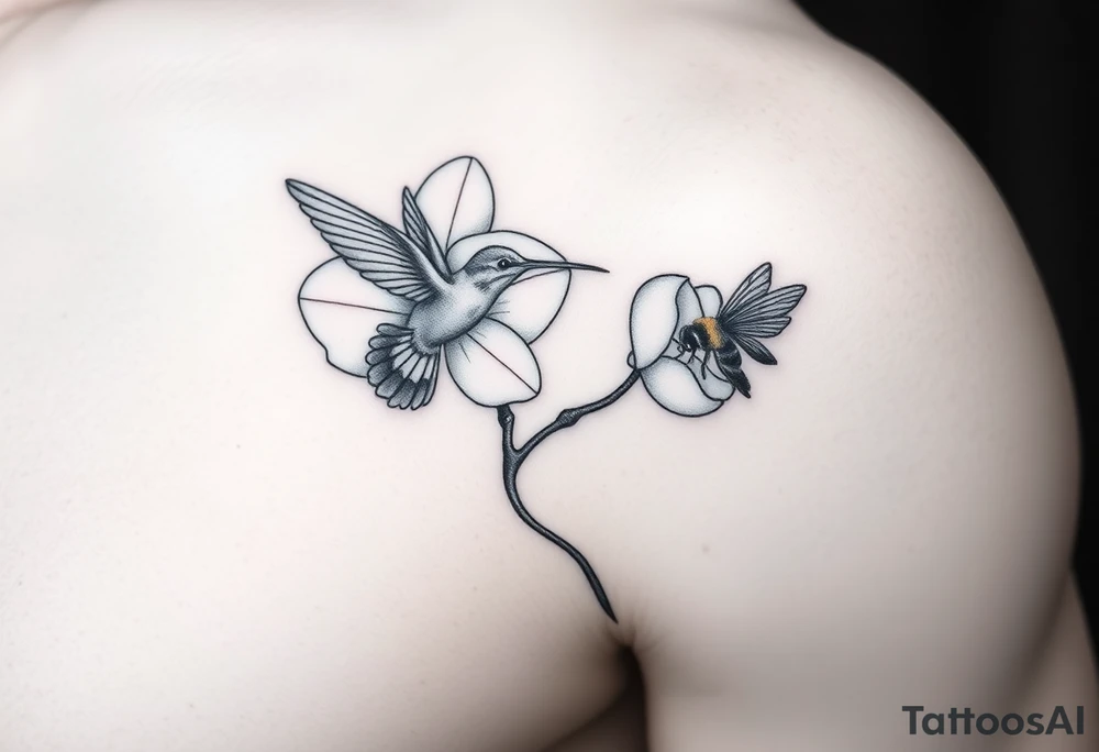 A delicate, black and white fine-line tattoo for male, featuring gracefully detailed 2 orchids in full bloom including their stems, with soft, intricate petals and elegant curves. Beside it, a hummingbird hovers mid-flight, its wings drawn with subtle motion lines, its slender beak reaching toward the orchid’s center to drink its nectar. on the other flower there is a bee that is resting tattoo idea