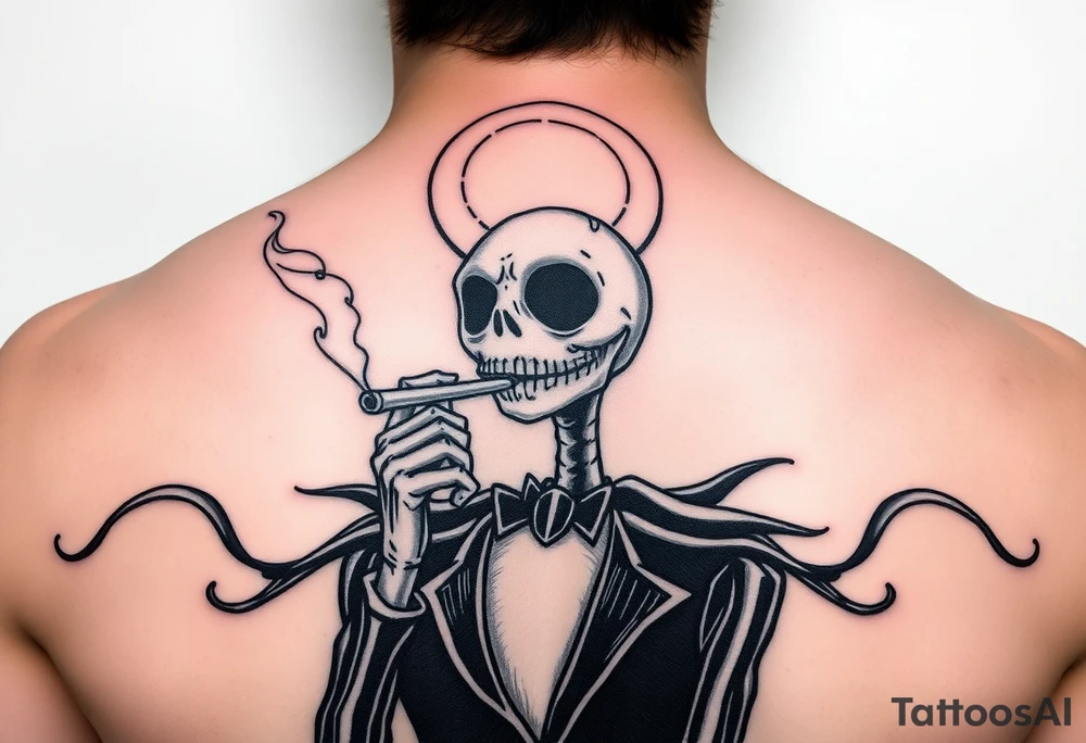 jack skellington smoking a blunt, with a halo over head, Christmas themed in heaven tattoo idea