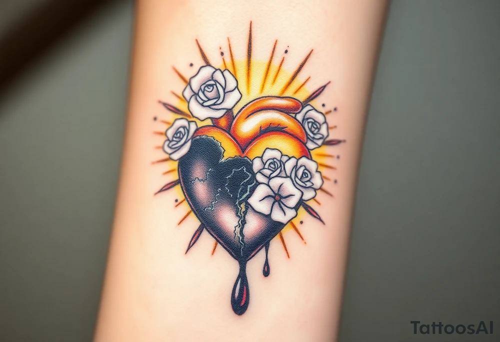 A sacred, glowing heart encased in rays of golden light, adorned with delicate white roses, representing purity, opposed to a blackened, broken heart with cracked, darkened edges, leaking a dark liquid like ink, symbolizing pain and corruption. tattoo idea