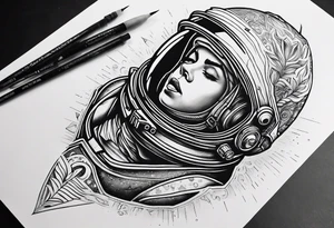 Craft an intricate black and white tattoo design inspired by the themes and imagery from Ray Bradbury's "Cosmonaut" and the poignant lyrics of Elton John's "Rocket Man." tattoo idea