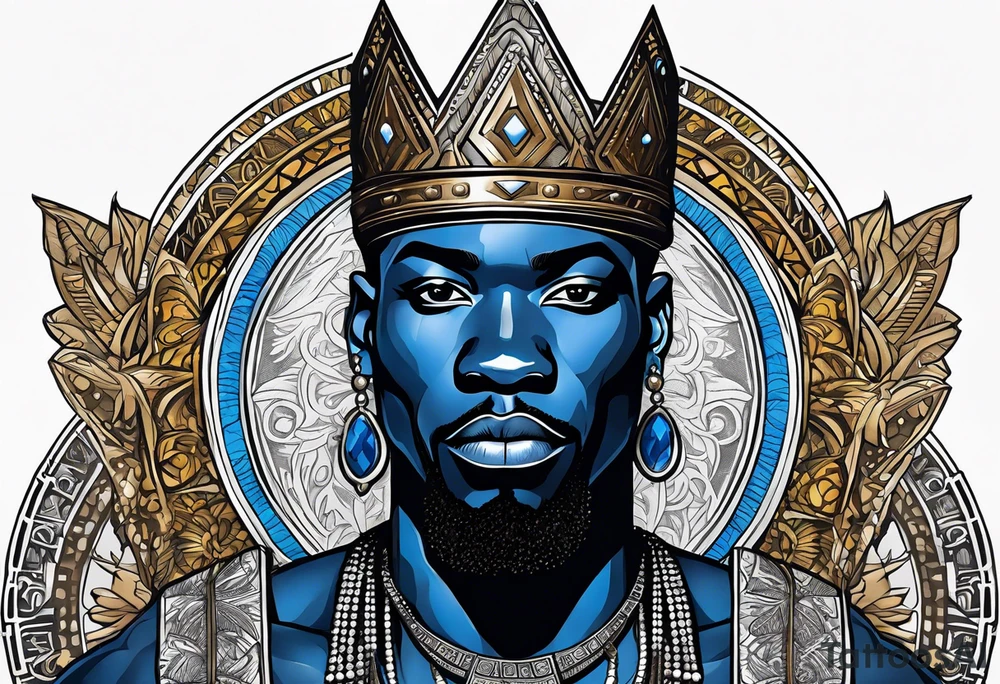 Black-skinned african king with a simple silver crown. He uses blue necklaces and has a sword tattoo idea