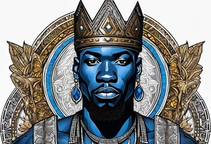 Black-skinned african king with a simple silver crown. He uses blue necklaces and has a sword tattoo idea