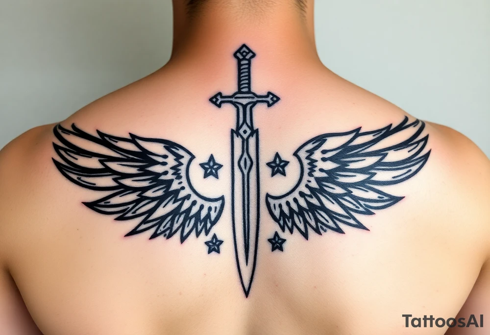 Wings wrapping around sword and diamond shaped stars tattoo idea