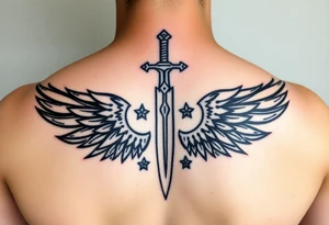 Wings wrapping around sword and diamond shaped stars tattoo idea