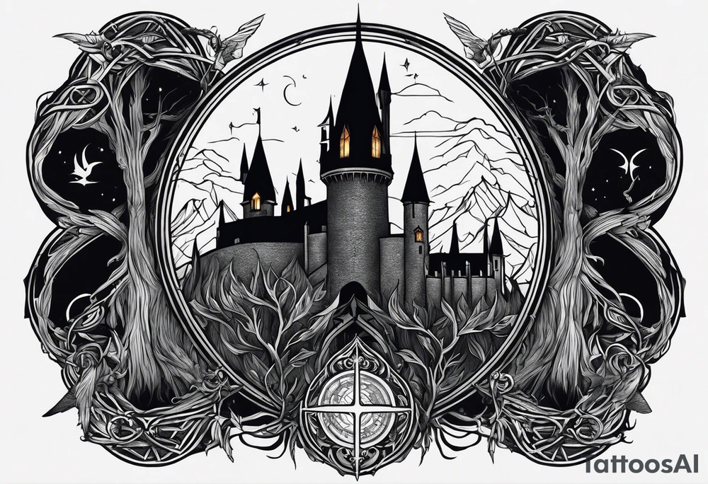 Lord of the rings with Harry Potter incorporated but clear visual of both movies. Small and minimal. Something like the deathly hallows symbol made out of swords and wizard staff from LOTR tattoo idea