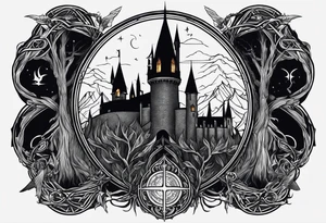 Lord of the rings with Harry Potter incorporated but clear visual of both movies. Small and minimal. Something like the deathly hallows symbol made out of swords and wizard staff from LOTR tattoo idea
