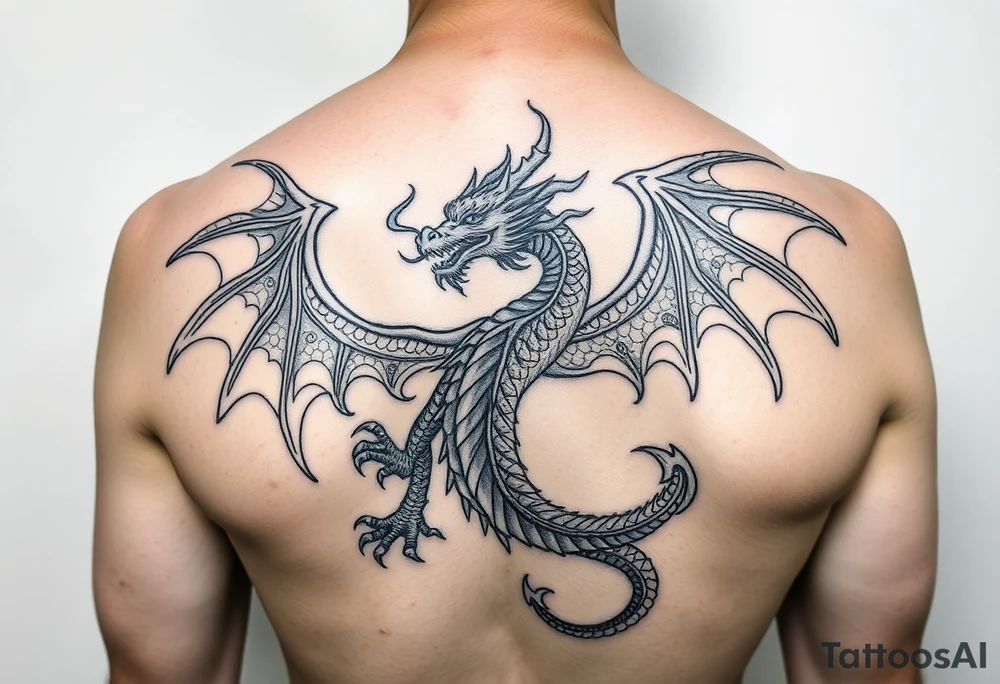 powerful majestic dragon on the back of female, 
radiates the message:

"I am grounded in the Earth, fluid as Water, free as Air, and blazing with Fire. Guided by my heart’s compass, my inner dragon guards the light within, and I walk my path with clarity and strength." tattoo idea