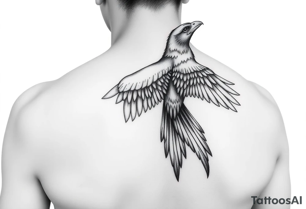 a majestic, fantastic bird, a combination of a hawk, crane and phoenix. The tattoo is placed on the left shoulder, we see the top of the bird, from bird perspective. One wing is pointing up the neck, the other wing is more curved and points towards the lower chest. The head of the bird points towards the left and is slightly raised. The tail of the bird runs over the shoulder and down the upper left arm. tattoo idea