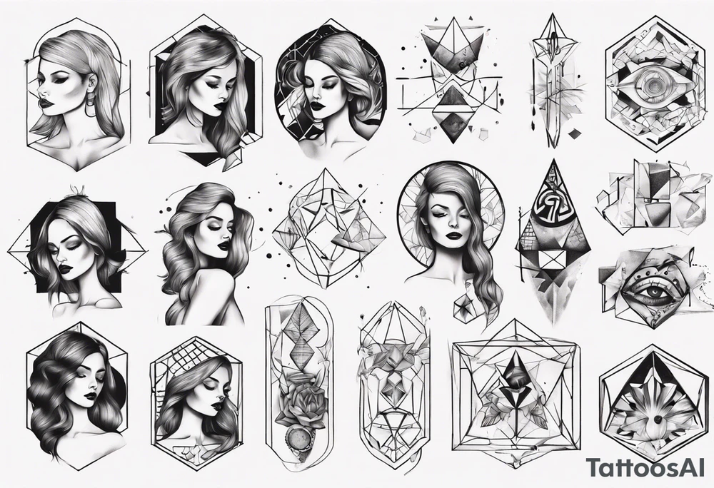 beautiful woman mixed with geometric objects tattoo idea