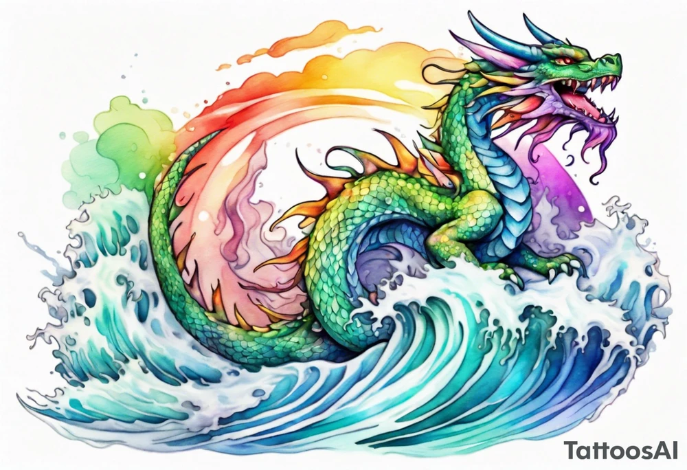 a beautiful rainbow colored female dragon rising from the waves of the sea tattoo idea