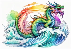 a beautiful rainbow colored female dragon rising from the waves of the sea tattoo idea