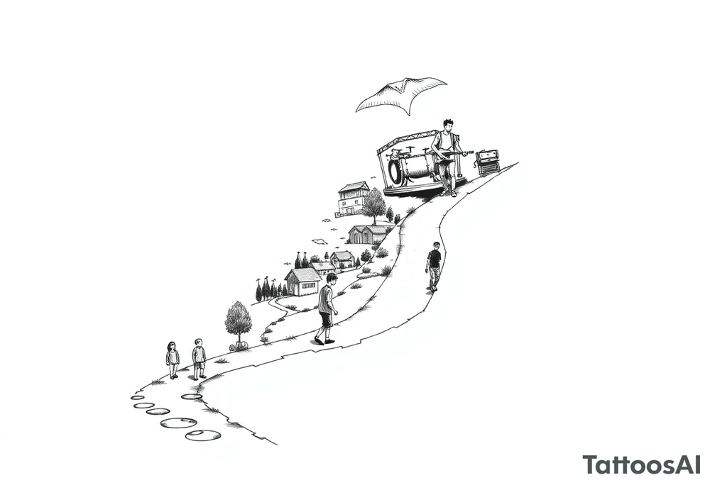 designing a black and white tattoo for a half-sleeve on shoulder: path beginning in the bottom end and winding upwards. The first third starting at the bottom. On the left are a few trees and on the right side a village and a school. A child is walking the path. On the second third, the path changes to a street. On its right side is a city and on its left side a few friends, which are attending a heavy metal concert, which is taking place on a stage. The child has grown into adolescence and is walking the street with a skateboard in one hand. On the third third, there is a man on the still upwards winding street, with drum sticks in one hand. There is a japanese Tori on the street and on the left, the streets changes to a beach. In the sea a manta ray is visible. tattoo idea
