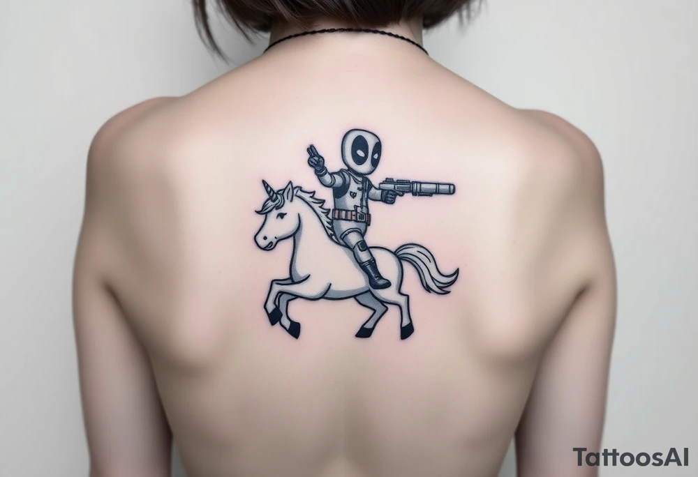 Deadpool riding unicorn pointing rocket propelled grenade launcher tattoo idea
