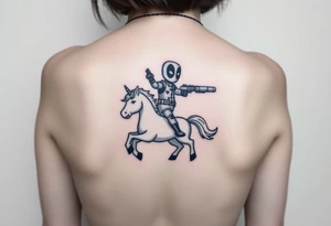 Deadpool riding unicorn pointing rocket propelled grenade launcher tattoo idea