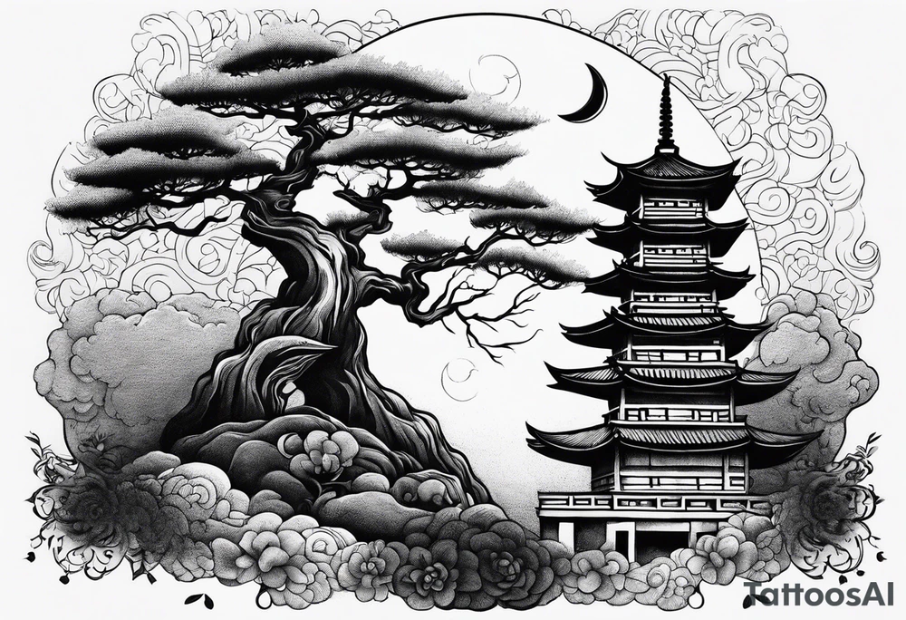 Crow moon tree temple ruins tattoo idea