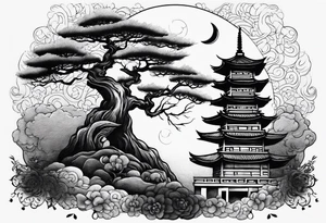 Crow moon tree temple ruins tattoo idea